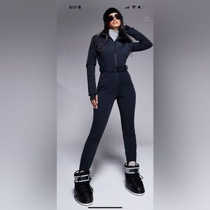 ASOS 4505 belted ski suit with skinny leg and hood in black
